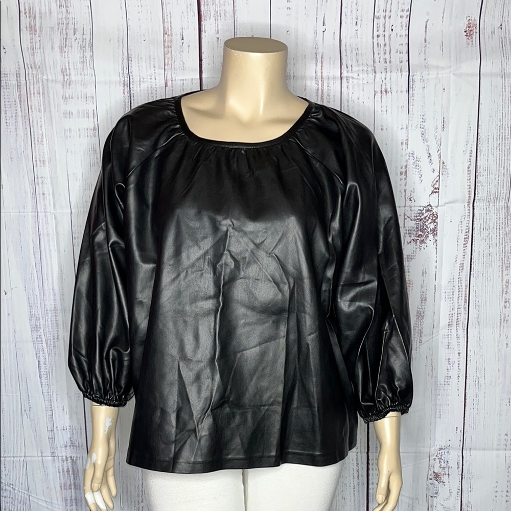Eloquii NWT Size 20 Black Faux Leather Peasant Blouse Top